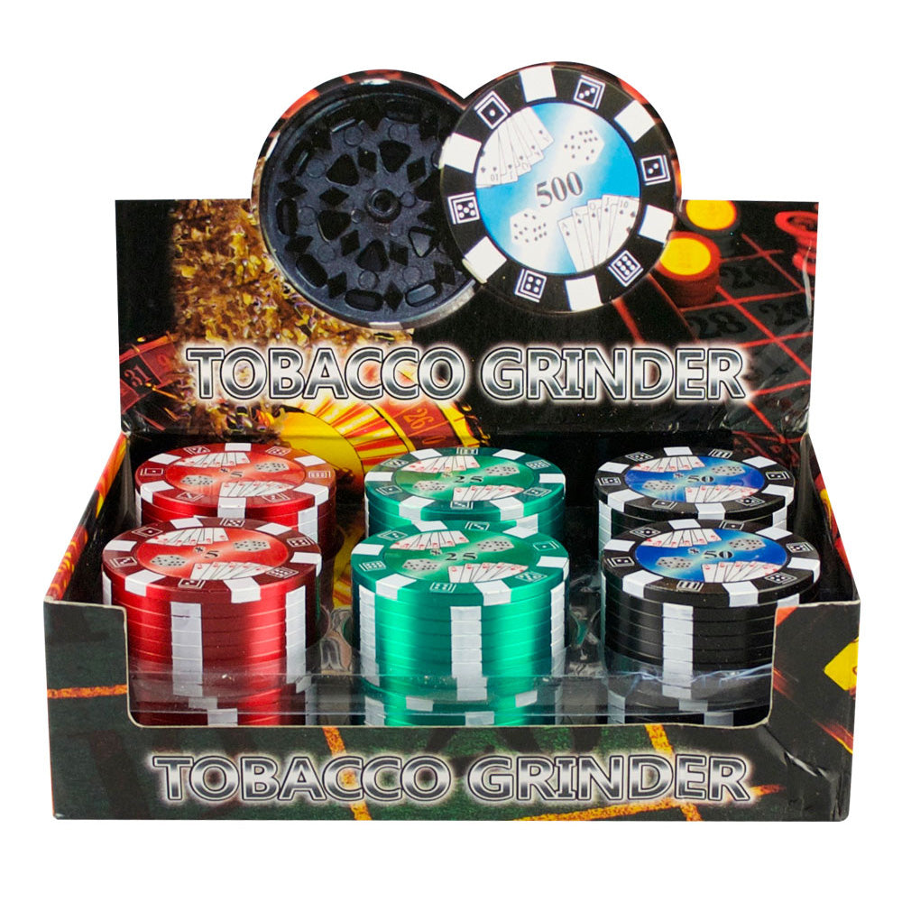 2″ Metal 3pc Grinder – Poker Chip – Assorted – 12PC DISP
