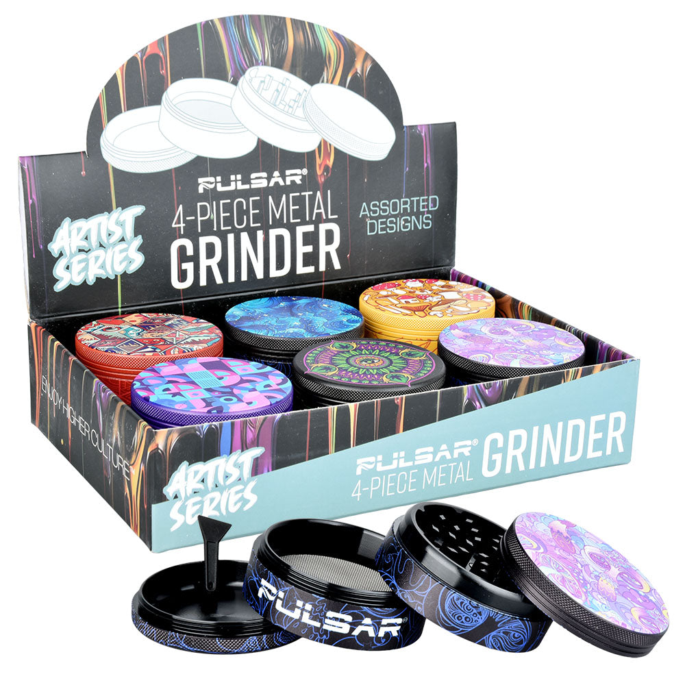 6PC DISP-Pulsar Artist Series Grinder with Side Art- 4pc /2.5″/Asst Designs